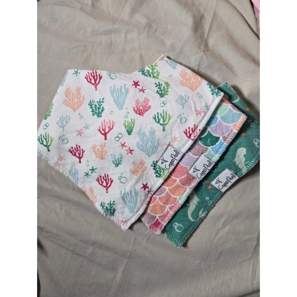 Copper Pearl Bandana Baby Bibs Mermaid Coral Scales Set of 3 Snaps